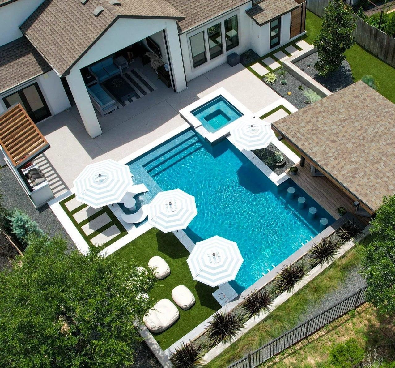 Pool with umbrellas seen from above