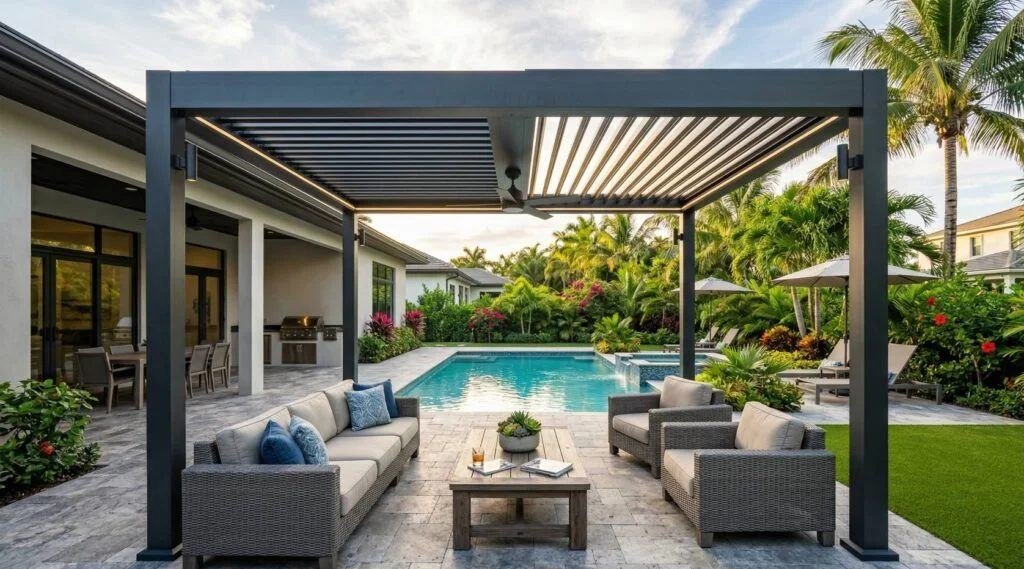 Modern louvered pergola over a poolside lounge